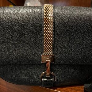 Lanvin Demi Lune Black Textured Leather Crossbody Bag with Gold Chain Detail